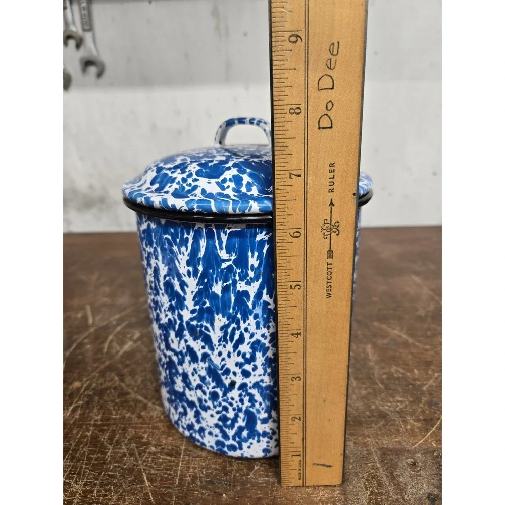 Vintage Blue White Splatter Enamelware Canister Set of 4 Lidded Nesting